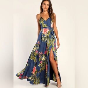 Lulus Still the One Blue Floral Print Satin Maxi Dress